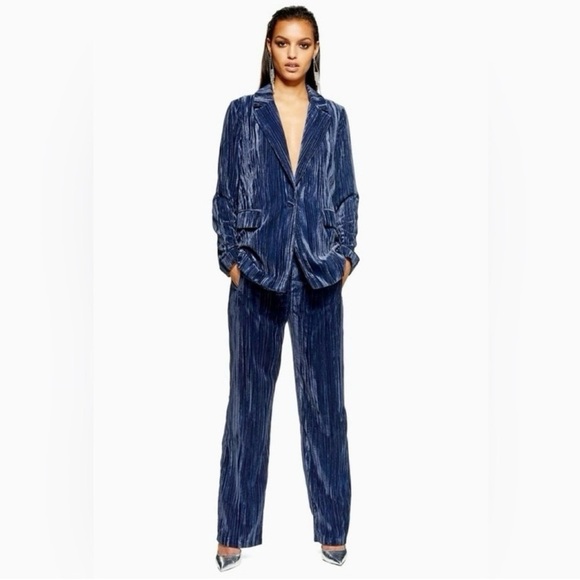 Topshop Crinkled Velvet Suit Matching Blazer & Trousers Wide Leg Blue Size 4 NWT - Picture 1 of 16